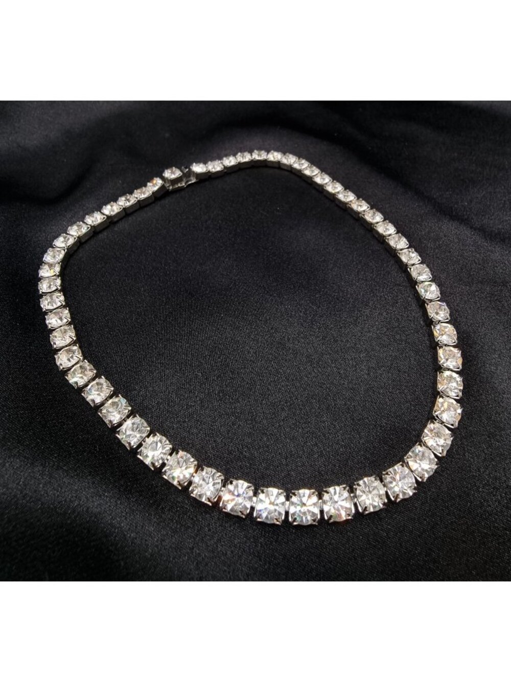 Vintage 1990's Silver-Tone Tennis Necklace With Clear Rhinestones
